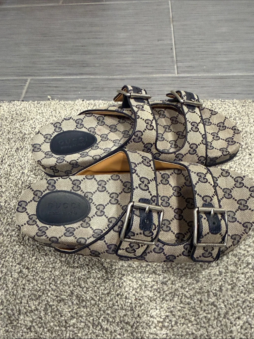 Gucci  Beige GG Canvas Double-Buckle Sandals with Navy Trim. Men’s size 11